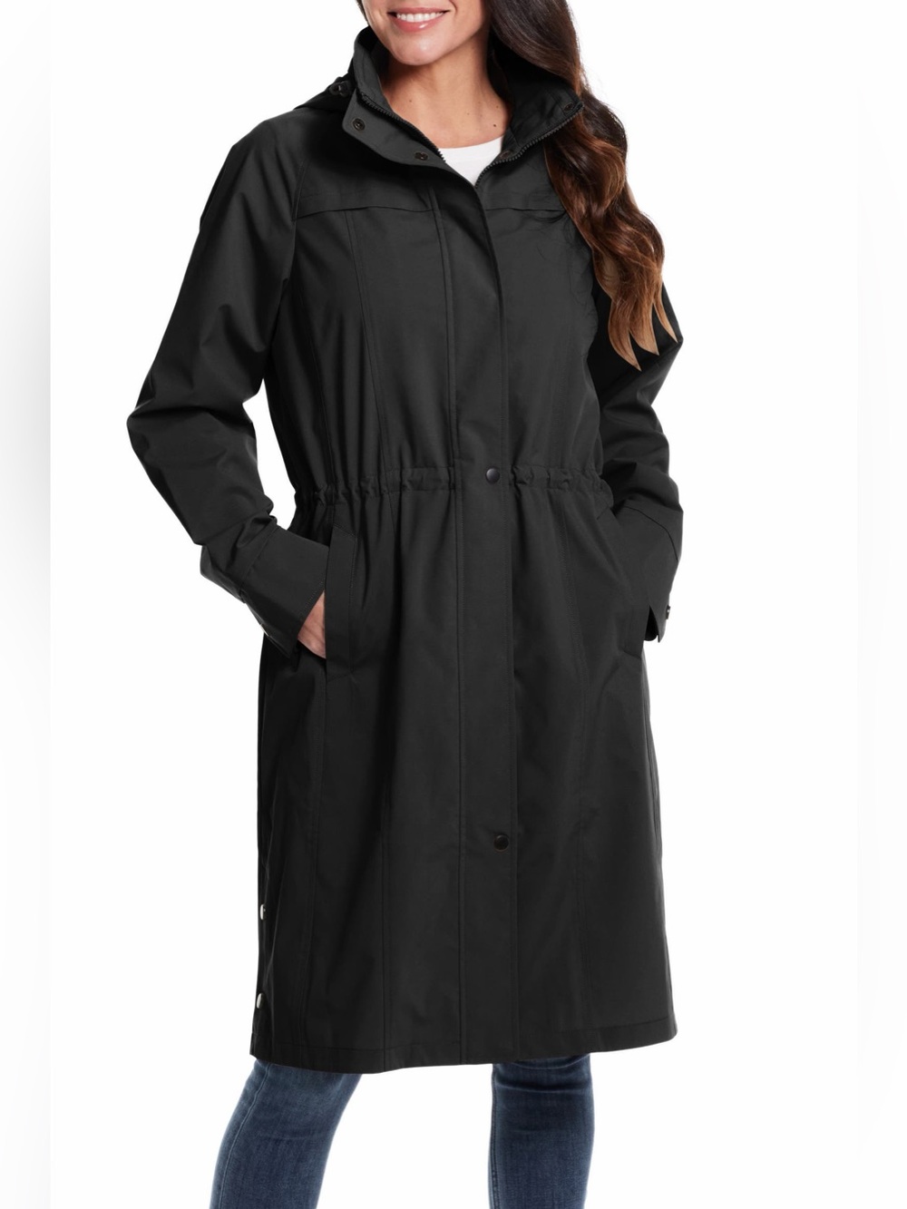 NWT Gallery Black Water-Resistant Hooded Raincoat Trench Coat Size M